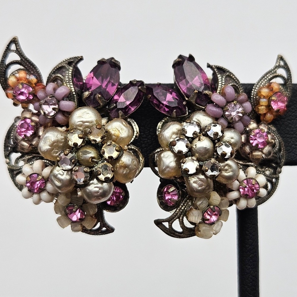 Vintage Eugene Floral Clip-On Earrings Wired Purple Pink Faux Pearl